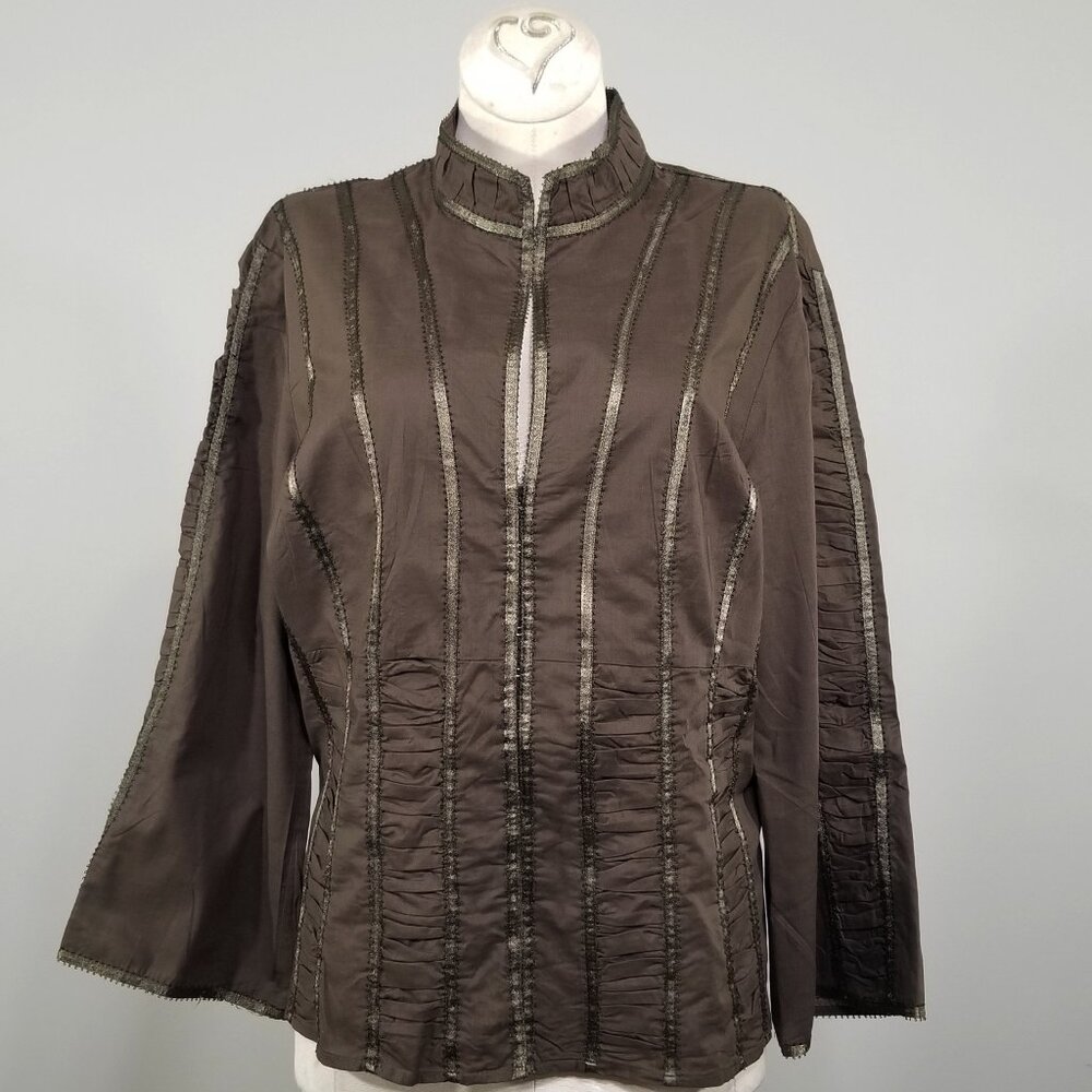 W Work Weekend M Mandarin Collar Embellished Shirt Ruched Panels Ribbon Trim Brn